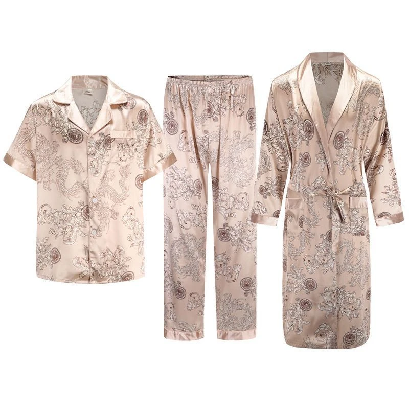 Luxury Men's Pajamas Set 3PCS Robe+Shirt+Pants Suit Silky Home Clothes Dragon Printing Male Sleepwear Loose Loungewear PJS