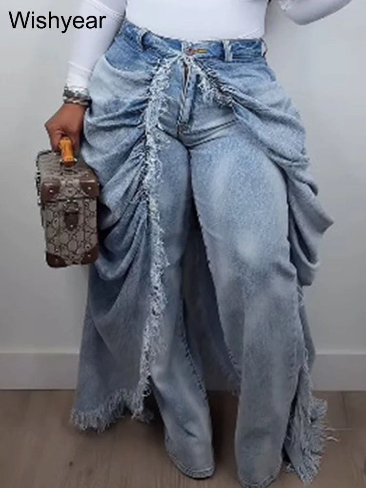 

Draped Fringe Wide Leg Jeans for Women High Waist Ruched Distressed Denim Pants Light Blue Washed Baggy Jeans Club Streetwear