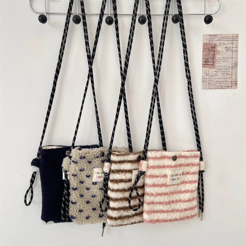 Women Plush Crossbody Bag Striped Floral Mobile Phone Bags Cute Mini Wallets Plush Shoulder Bags 2025 Autumn Winter Coin Purse
