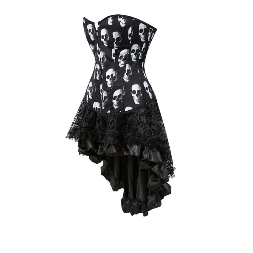 Women Sexy Overbust Corset Dress Satin Vintage Skull Corset Top Waist Cincher Bustier Gothic Asymmetrical Skirt Set Plus Size
