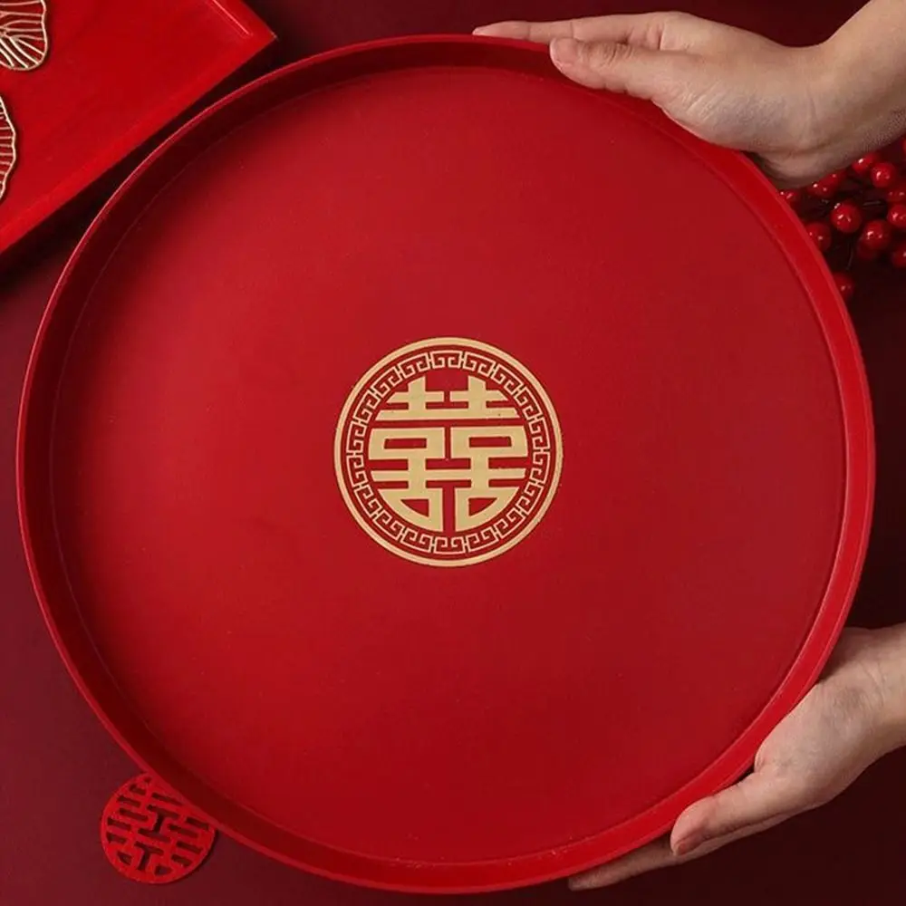 1Pcs Wedding Banquet Red Tray Durable Decorative Snack Fruit Toast Chinese Traditional Plate Festive Supplies Plastic Xi Tray