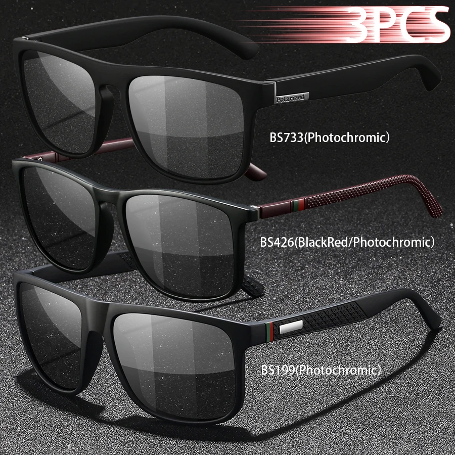 3PCS Photochromic Polarized Sports Vintage Sunglasses Men Women Cycling Driving Mountaineering Chameleon Sun Glasses UV400Eyewer