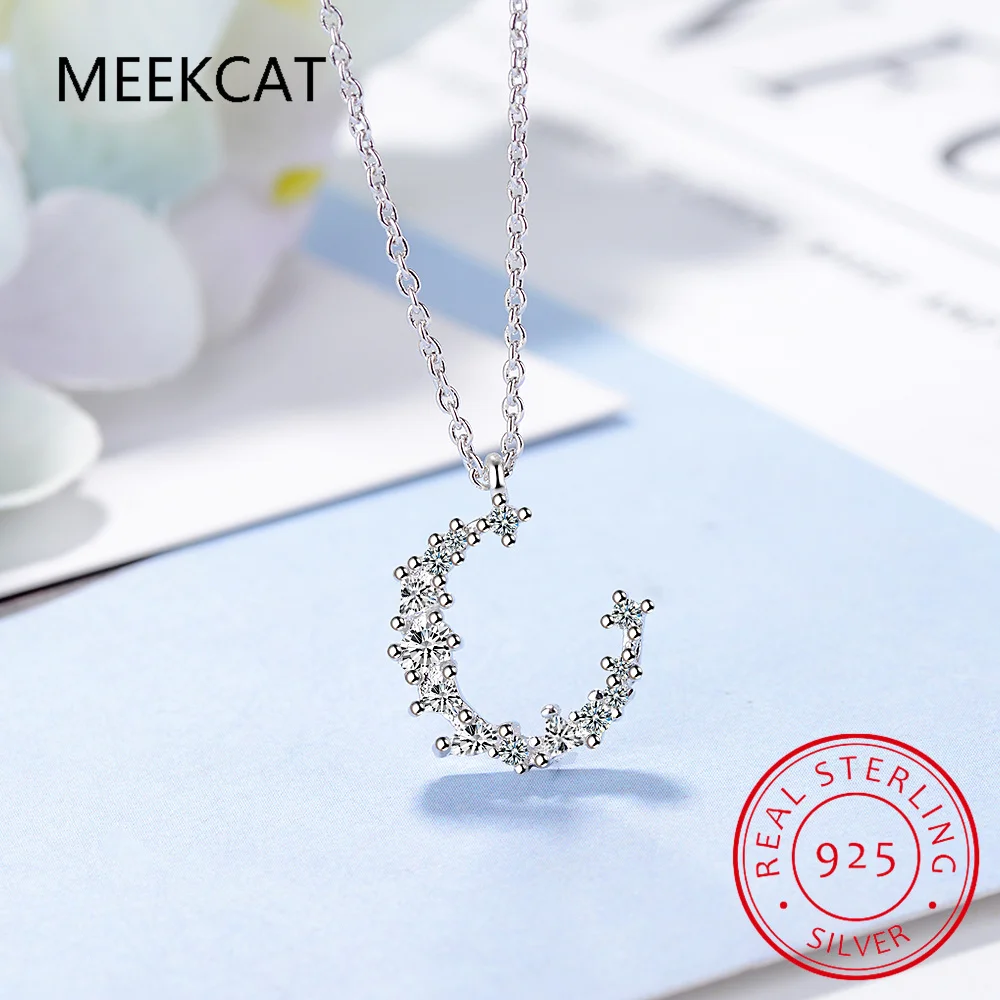 925 Sterling Silver Crescent Moon Pendant Necklace for Women Birthday Gift Pave Setting CZ Exquisite Fine Jewelry BSN286