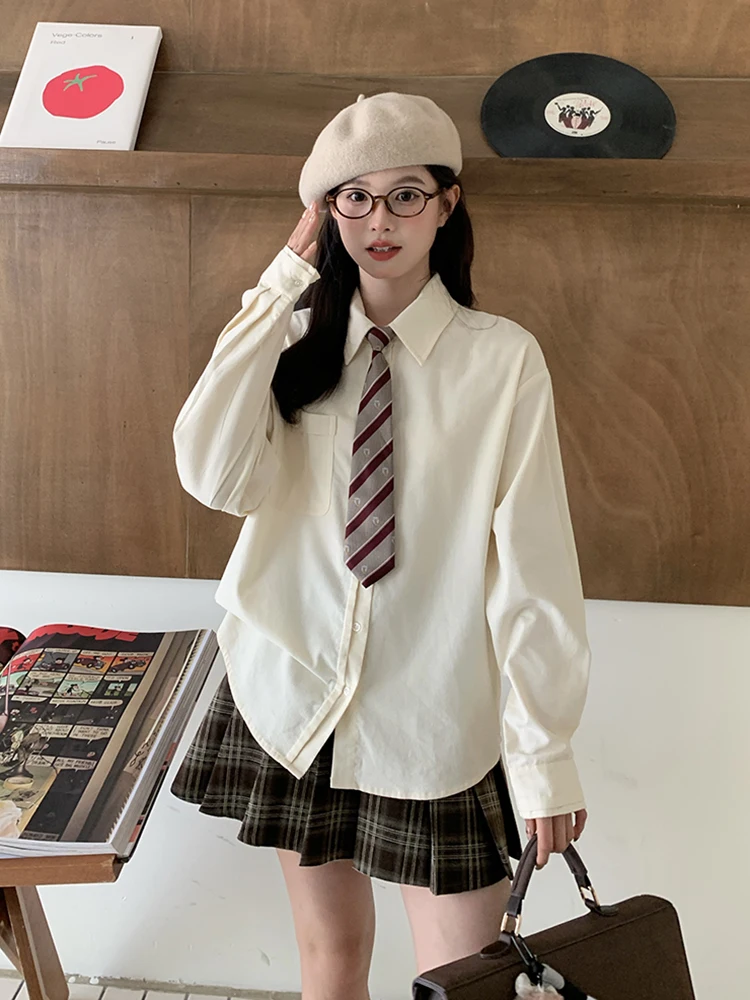 

Tokyo Annual Record JK orm Long Sve irt Women's Spring New Sle Milk Yellow Pure Cotton Loose Fit Versatile Top