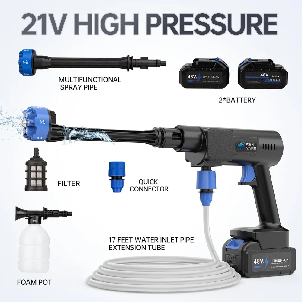 Lavadora de pressão sem fio 1200PSI com 2 baterias recarregáveis, bico 6 em 1 para ferramentas de limpeza de jardim de carro