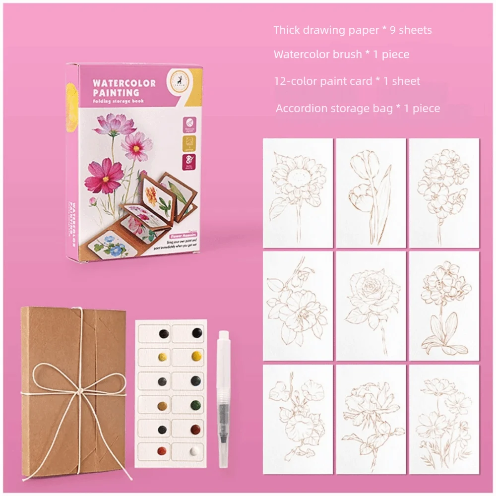 12 Colors Solid Pigment Watercolor Painting Book Thick Organ Folding Watercolor Book Kraft Paper Painting Book with Pen