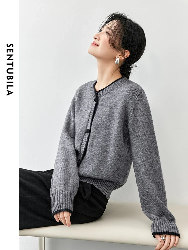 SENTUBILA Patchwork Wool Cardigan Women 2024 Autumn Round Neck Bull Horn Buckle Long Sleeve Short Top Womans Clothing W43E56366