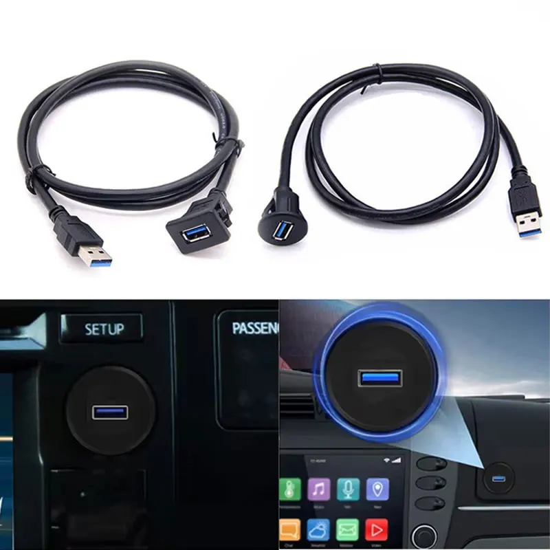 USB 3.0 2.0 Port Male To Female Panel Flush Mount Extension Cable with Buckle 1M For Car Truck Boat Motorcycle