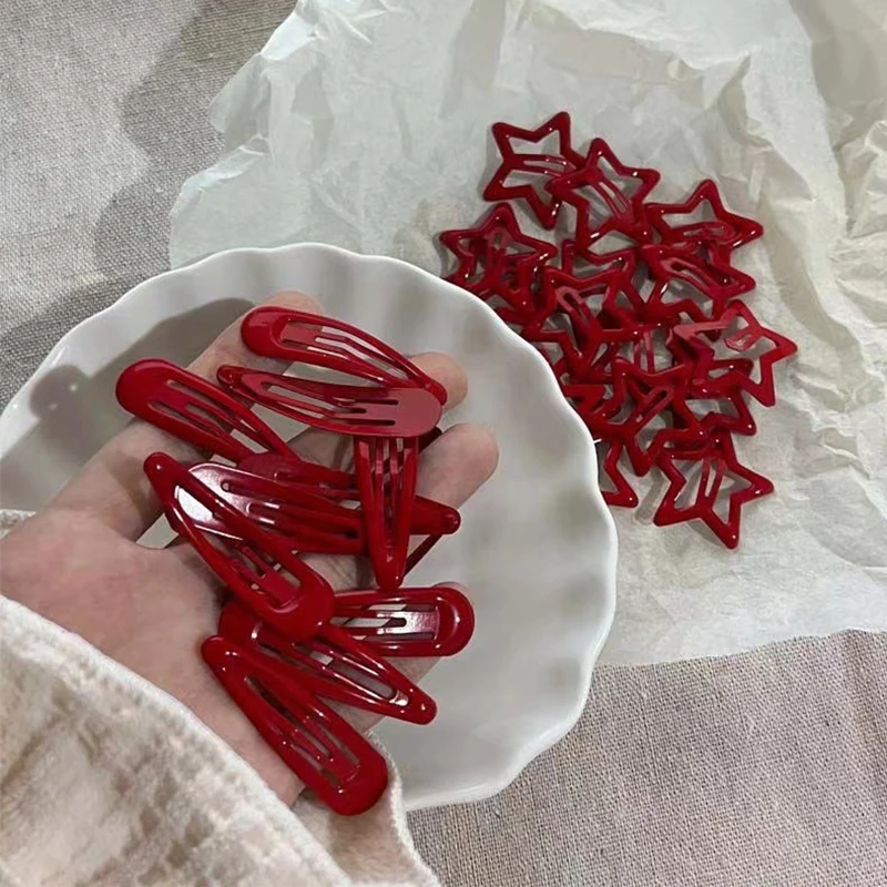 5pcs Y2k Cute Fashion Red Star Metal Snap Lucky Clip Hair Clips Women Girls Hairpins Barrettes Hair Jewelry Accessories