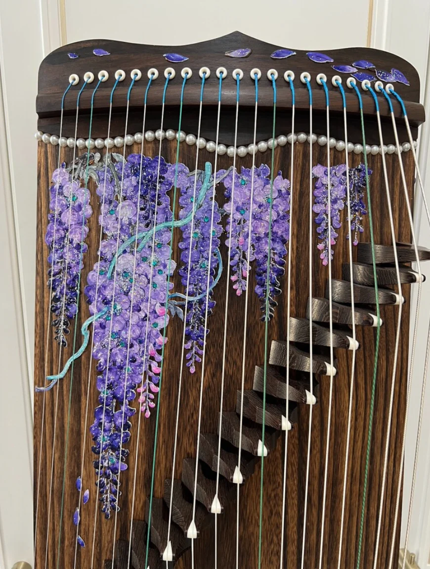 69cm Compact Guzheng 21‑String Chinese String Instrument, Purple Floral Pattern