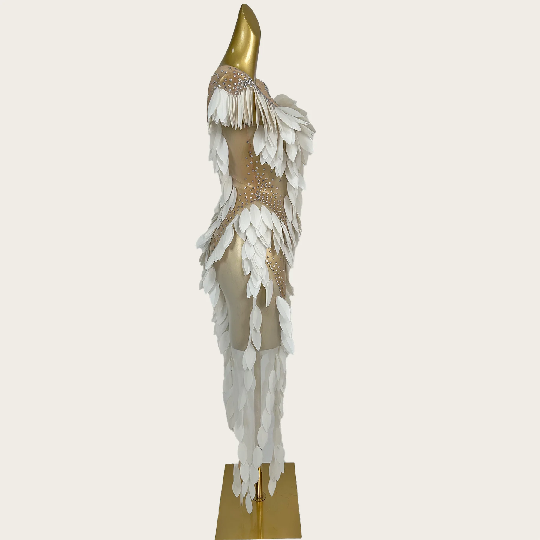 

Elegant Sparkly Crystals Mesh See Through Maxi Long Dress Celebrity Eveing Party Birthday Clothing Nightclub Stage Costume Baige