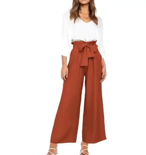 

Women's Fashion 2025 Spring and Summer Latest Hot Women's V-Neck Long Sleeved Top+High Waisted Bow Tie Tied Wide Leg Pants