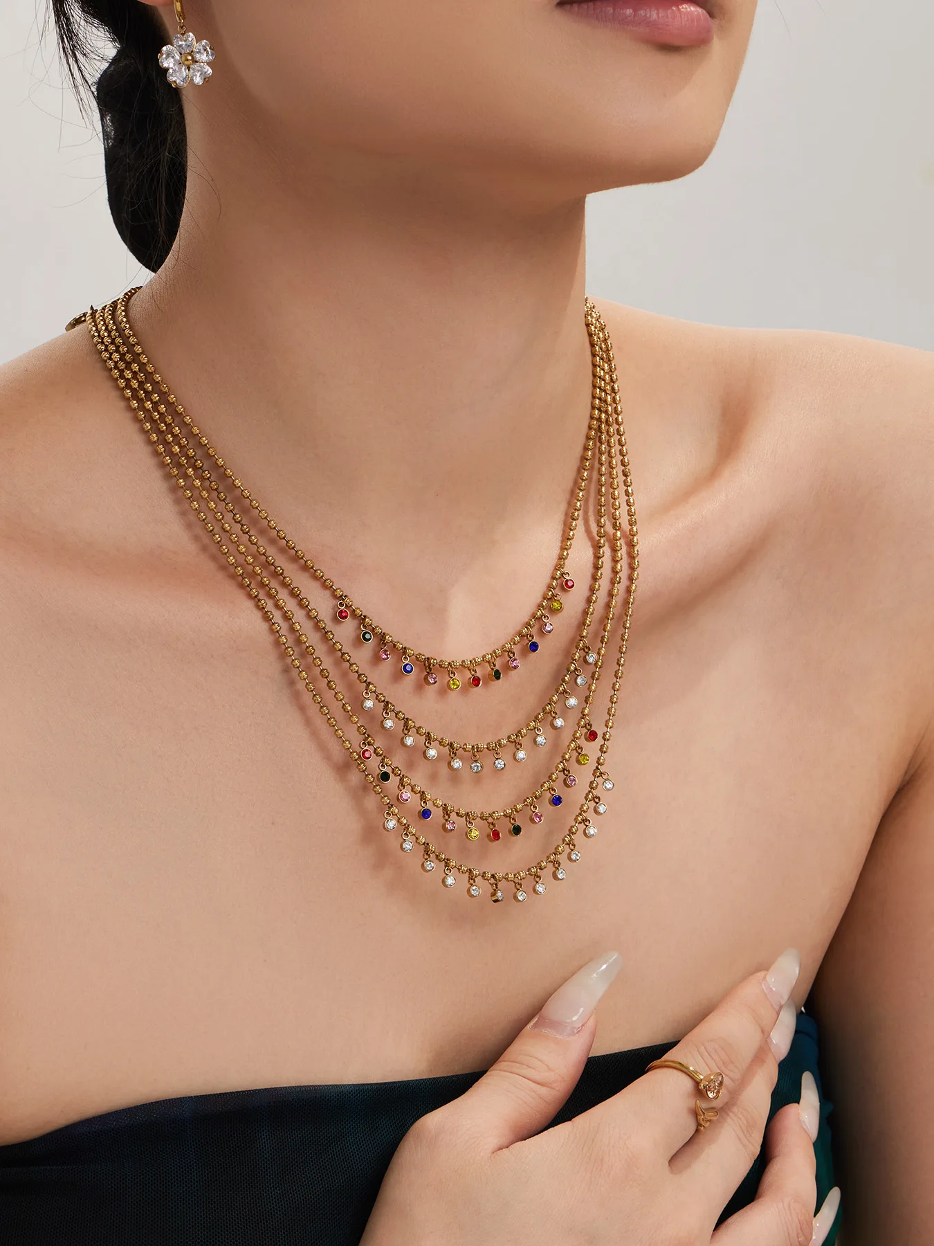 316L Edelstahl-Halskette mit Bunten Zirkonia-Perlen, Wasserfest, Schick, Makronen-Design, Geometrisch, Personalisierbar, Vielseitiger Damenschmuck – Detail 5
