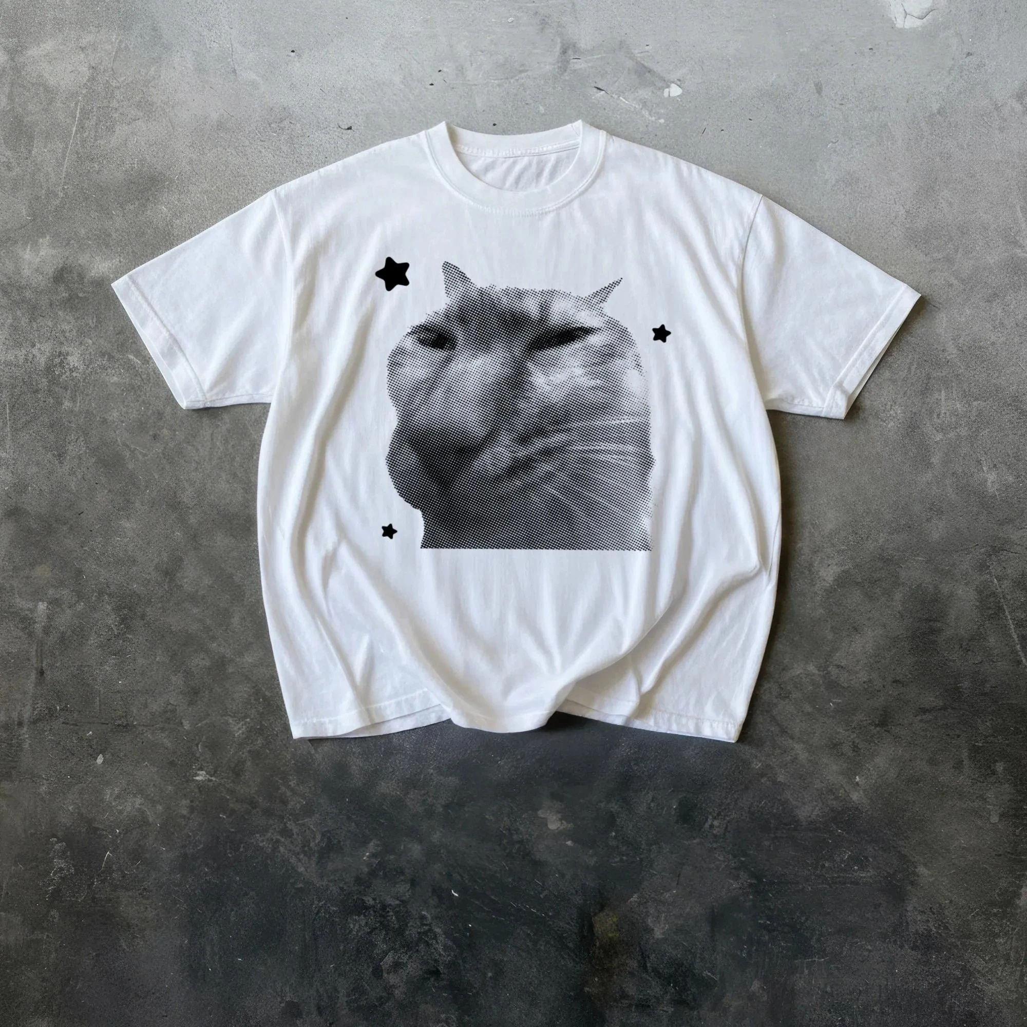 Oversized Funny Cat Summer T-Shirt Men Grayscale Viral Meme Graphic Short Sleeve Streetwear Casual Loose Fit Top