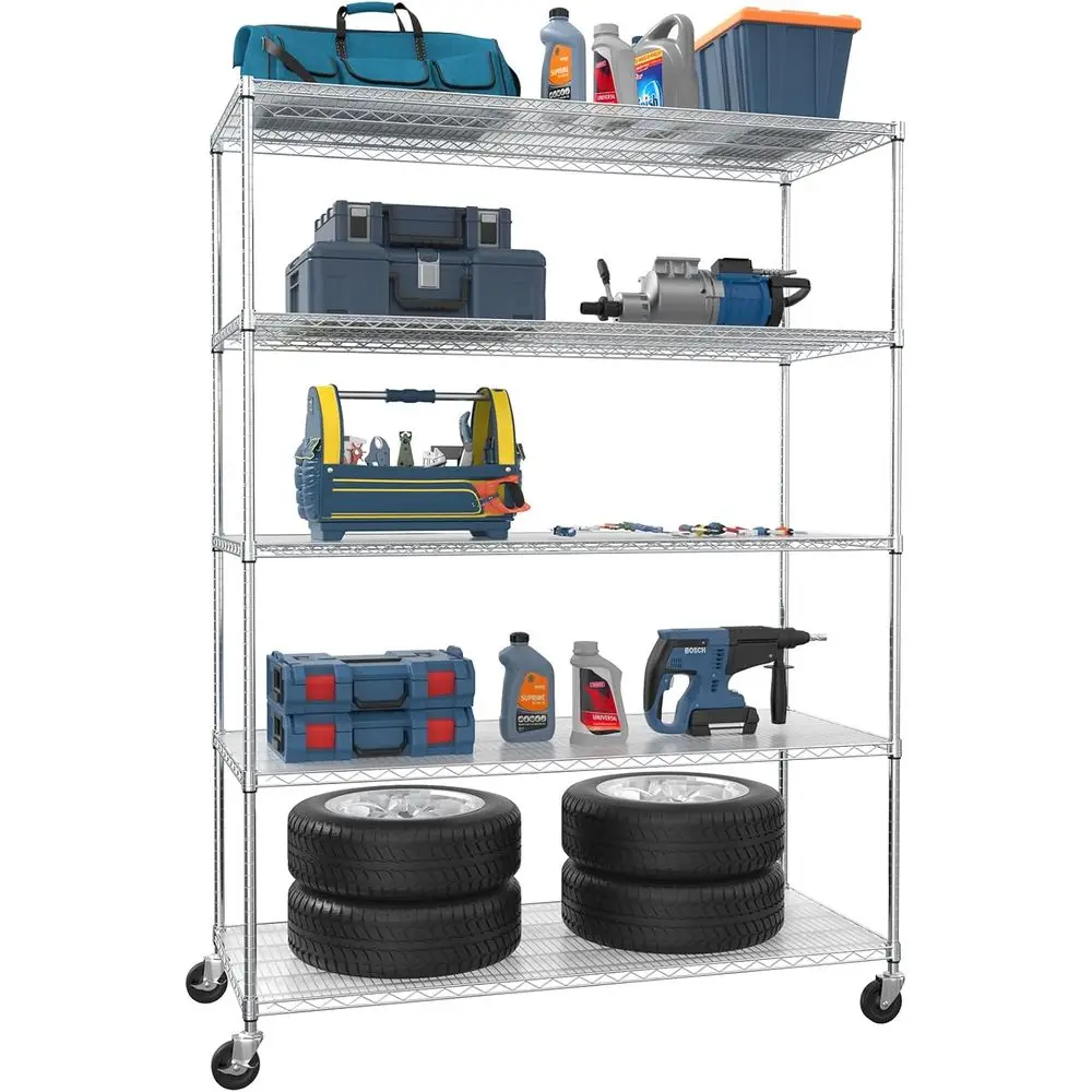 

5-Shelf Heavy-Duty Wire Shelving, 24x60x82, 7500 lbs Capacity, Chrome, Adjustable, with Wheels and Liners