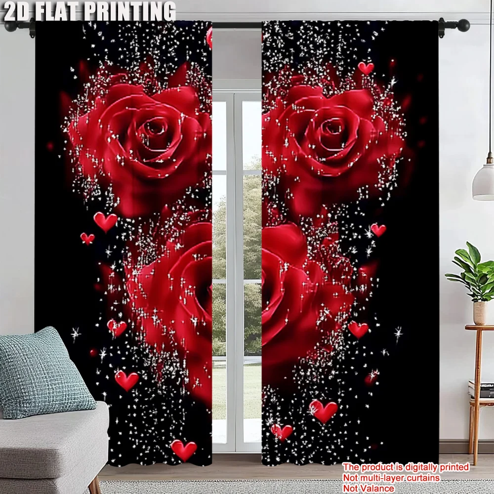 

2Pcs Romantic Starry Sky Rose Print Window Curtains Rod Pocket Design Polyester Material Window Drapes Ideal For Bedroom Dining