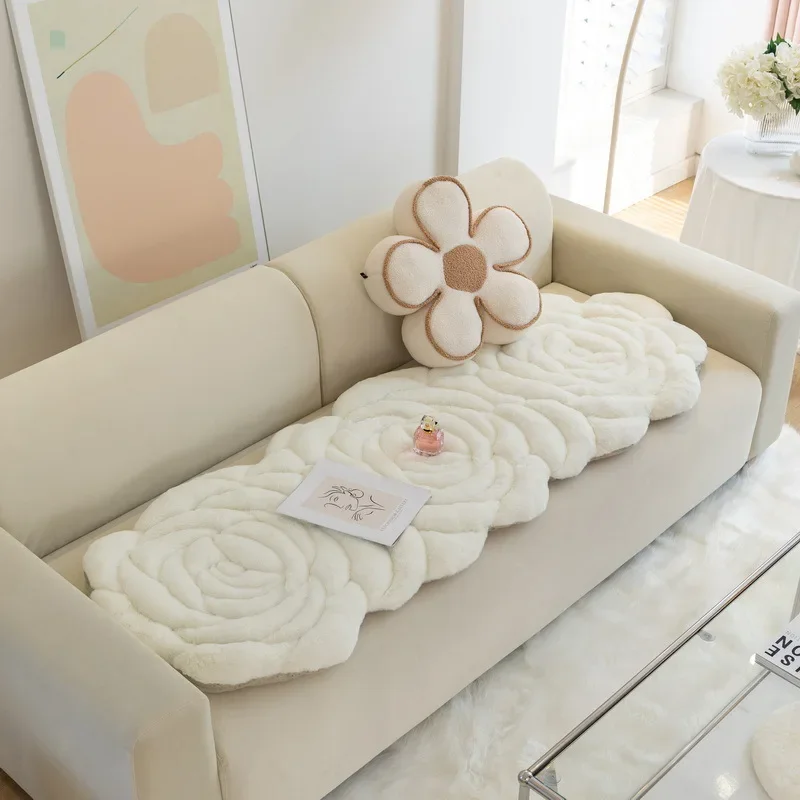 Korean Flower Sofa Seat Cushion, Plush Bay Window Cushion, Thickened Velvet Cushion, Tatami Couch Bench, Long Cushion