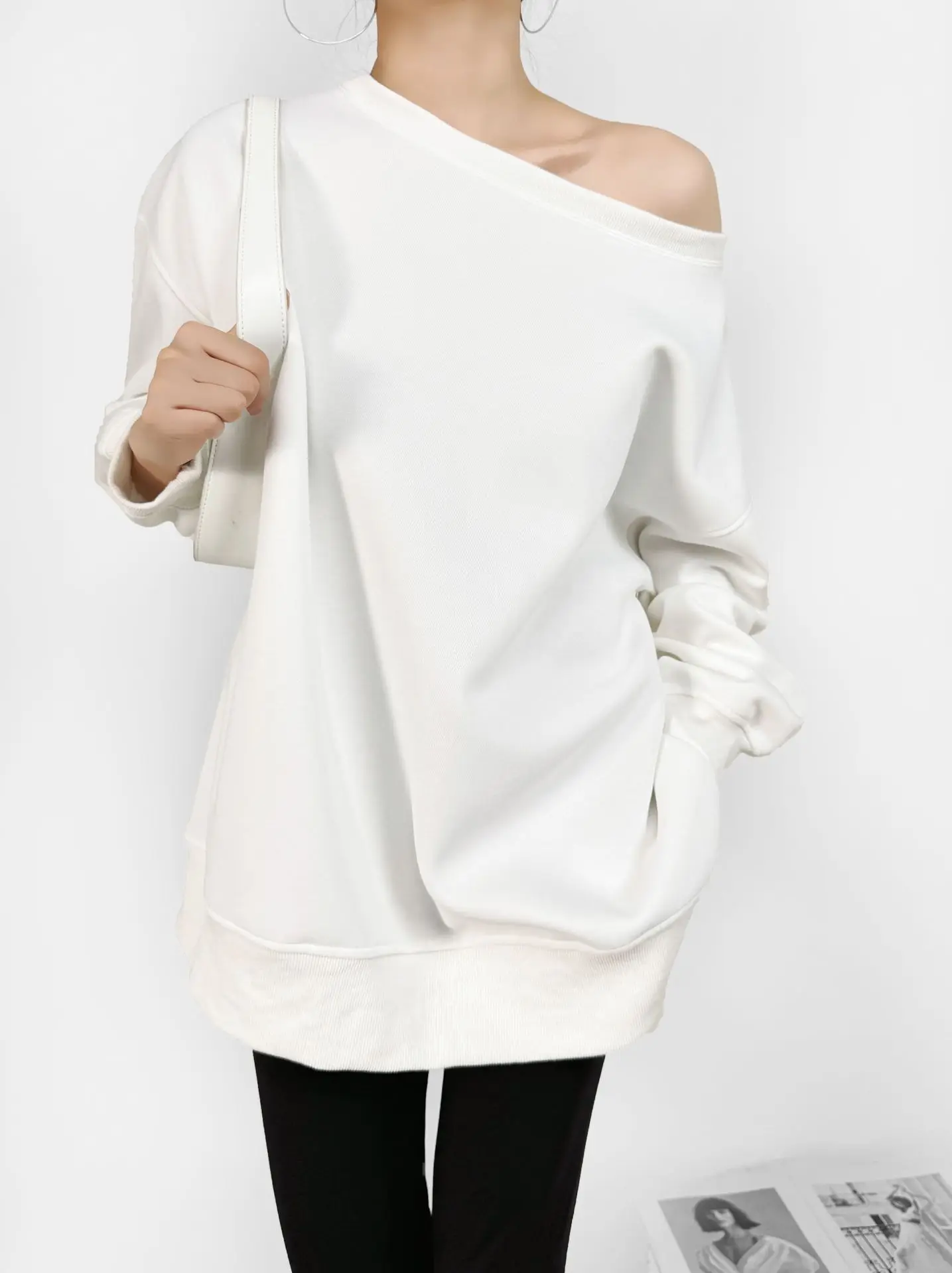 Women’s Oversized Solid Pullover Top with Off-Shoulder Sweater American Streetwear