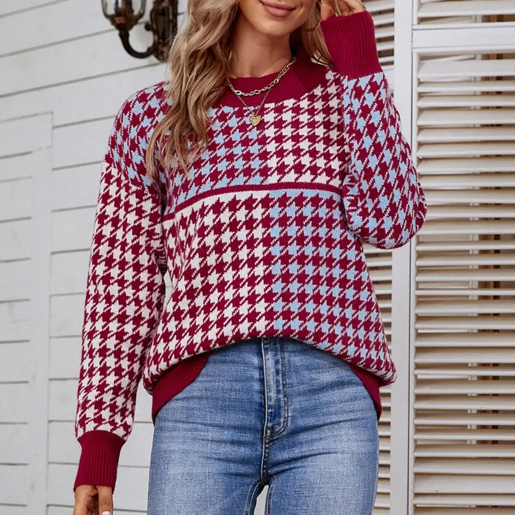 

Drizzle Women's Knitwear Contrasting Color Houndstooth Pullover Autumn Winter New European American Style Design