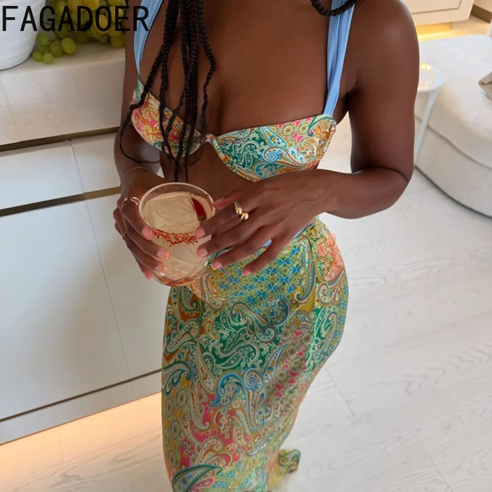 FAGADOER Summer New Sexy Colorful Print 2 Piece Sets Woman Outfit Bohemian Vacation Beach Style Strap Bra Top + Maxi Skirts Suit