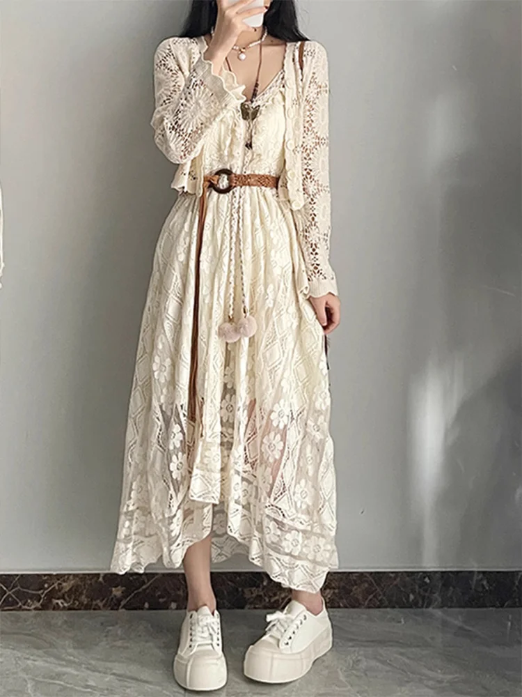 

Beach Vaion Sle n Кружевная отделка с кисточками и вырезами Maxi Dr Женский повседневный летний комплект больших размеров V-Ne Long ...