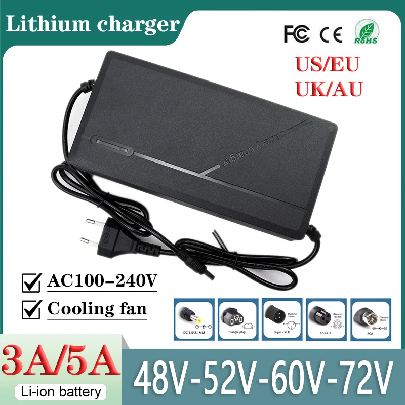 48V 52V 60V 72V 3A 5A Lithium Battery Charger AC100-240V With fan For 13S 54.6V 14S 58.8V 16S 67.2V 20S 84V Cells Fast Charging