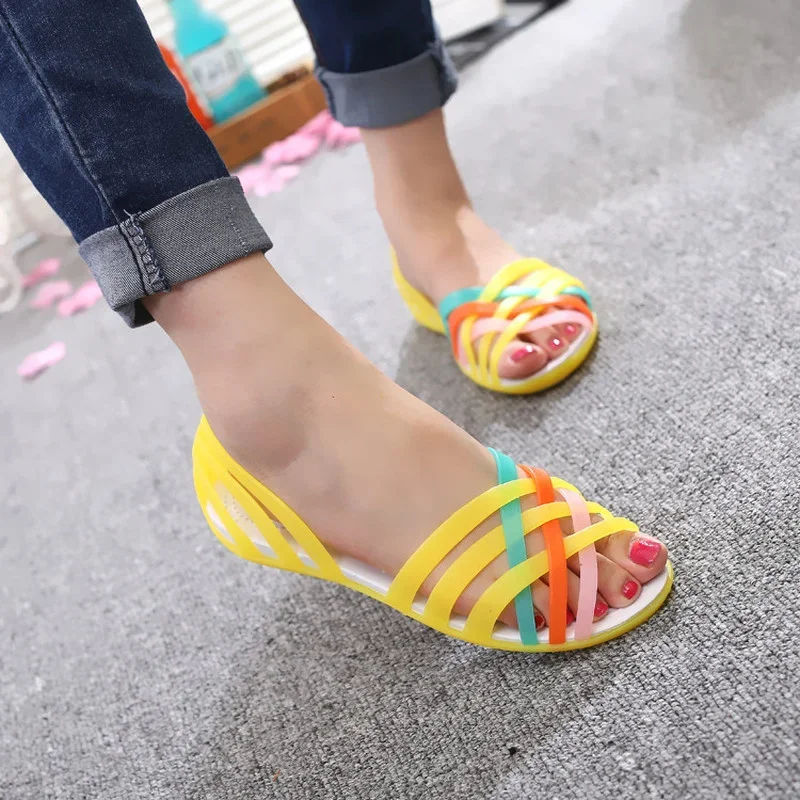 Comemore Women's Sandals 2024 Jelly Peep Toe Female Flat Beach Shoes Slip on Slides Casual Ladies Summer Footwear