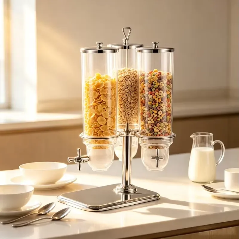 3.5L Stainless Steel Rotary Food Dispenser 3 Can Silver Transparent Dry Grain Cereal Container for Restaurant Buffet Kitchen