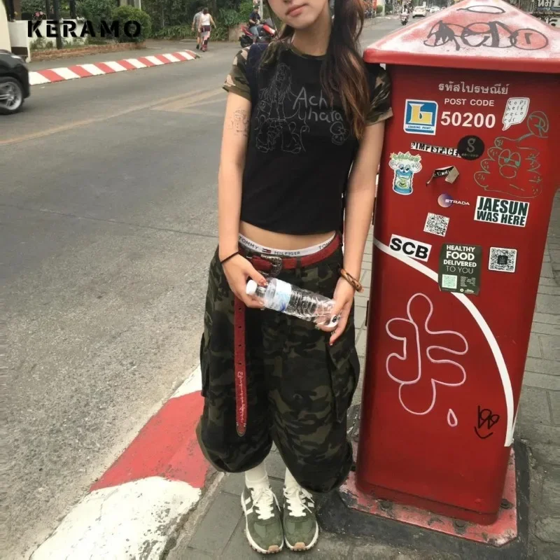 2024 Summer Women\'s Punk Casual Style Harajuku Shorts Vintage High Waist Loose Shorts Y2K Wide Leg Baggy Camouflage Denim Shorts