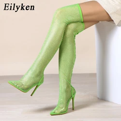 Eilyken 2024 New Brand Fashion Women Over Knee Boots Elegant Breathable Mesh Thigh High Sexy Pointed Toe Ladies Heels Shoes