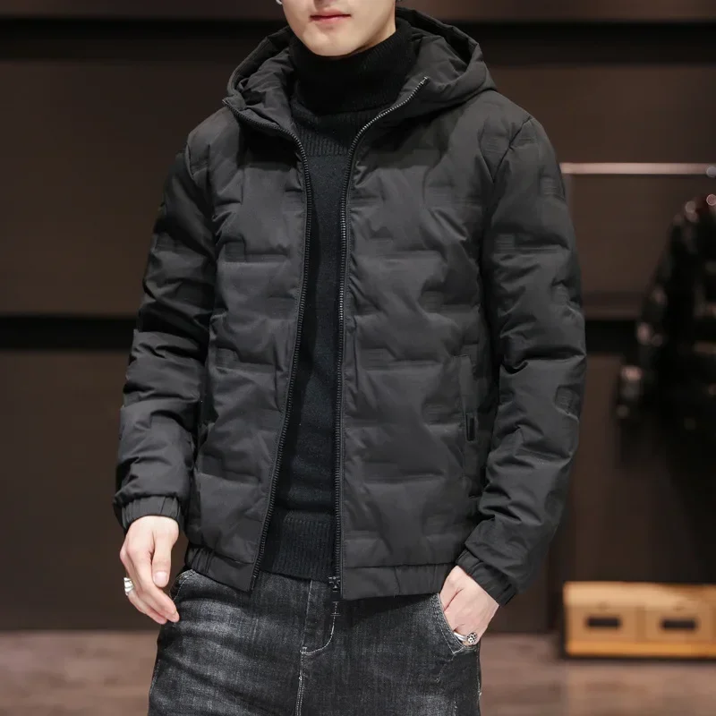 Men's Autumn and Winter New Lightweight Down Jacket, Casual Solid Color Warm Zipper Standing Collar Hooded Cotton-padded Clothes