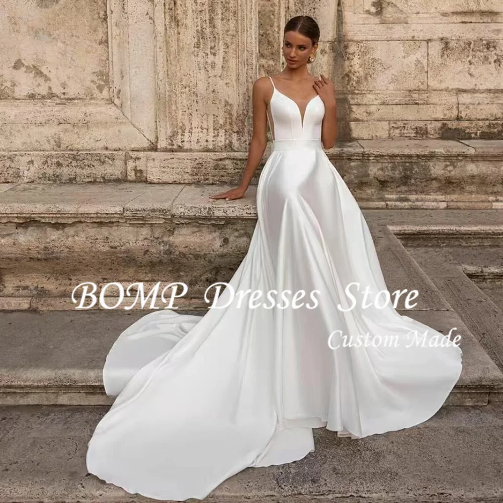 BOMP-Vestidos de Novia de corte en A, tirantes finos de satén personalizados, Vestidos de Novia sexys con espalda descubierta, cola de barrido, Vestidos de Novias Boda 2025