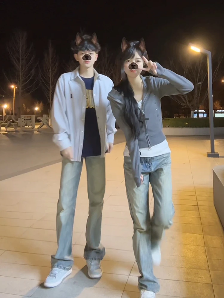 

Retro Blue High Waist Men's Jeans Straight Leg Slimming Trousers American Vibe Flared Long Pants Summer Trendy Brand