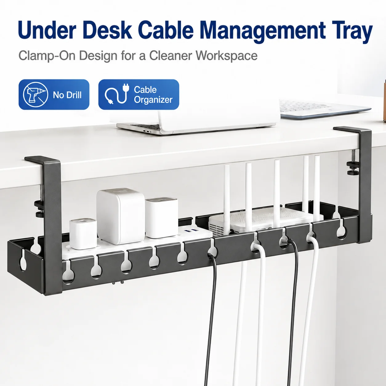Under Desk Cable Management Tray No Drilling Retractable Metal Wire Organizer Power Strip Storage Rack for Home Office