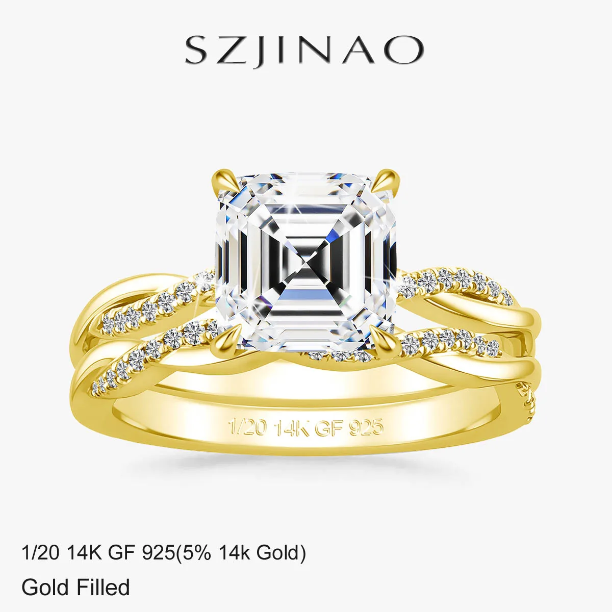 

Asscher Cut 3ct Moissanite Ring Set Au585 14K Gold Filled Stackable 2 Piece Bridal Sets for Women Wedding Fine Jewelry