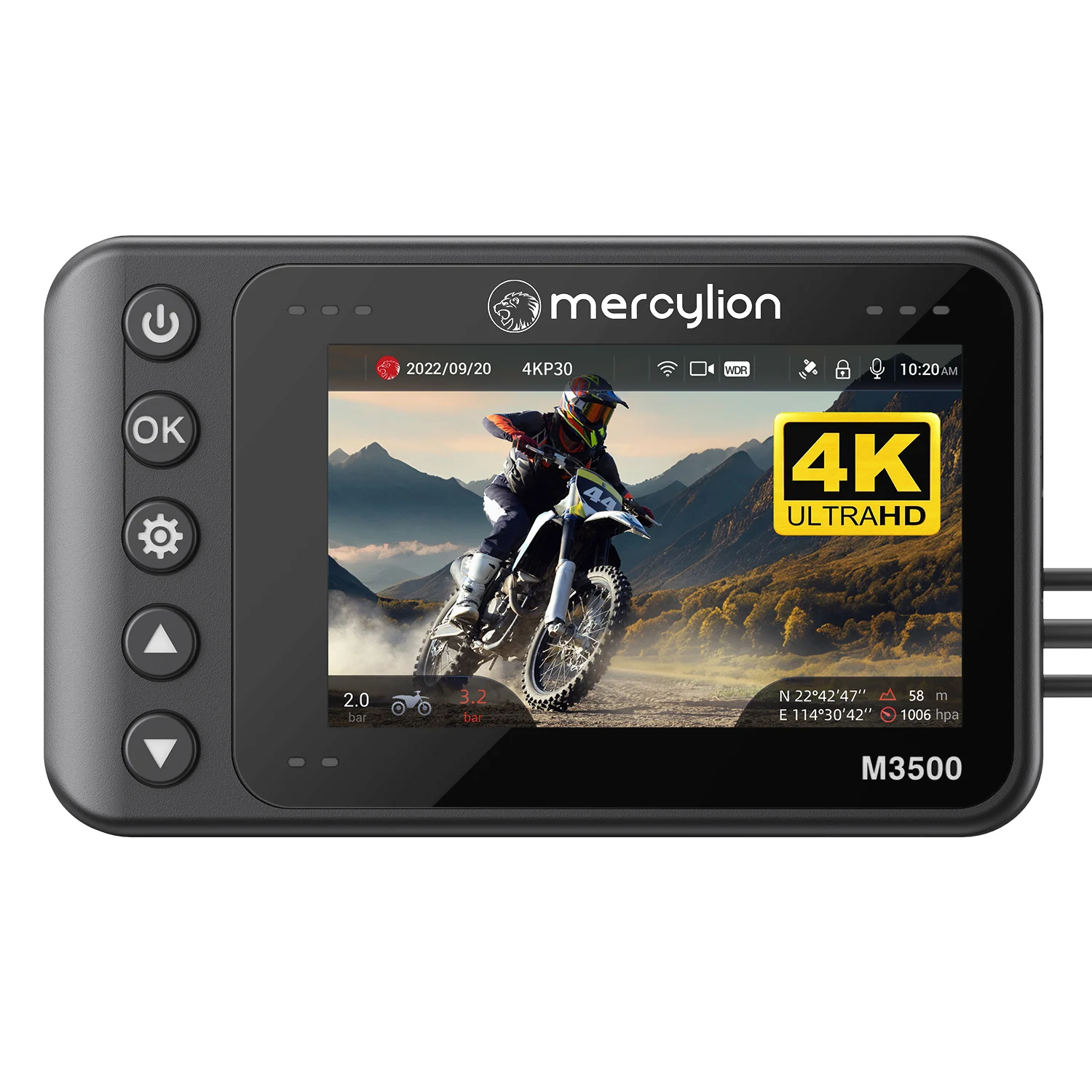 Mercylion M3500 Motorcycle Dash Cam 4K Front and Rear 5G WIFI Built in GPS Tire Pressure 3.5 Inches Screen