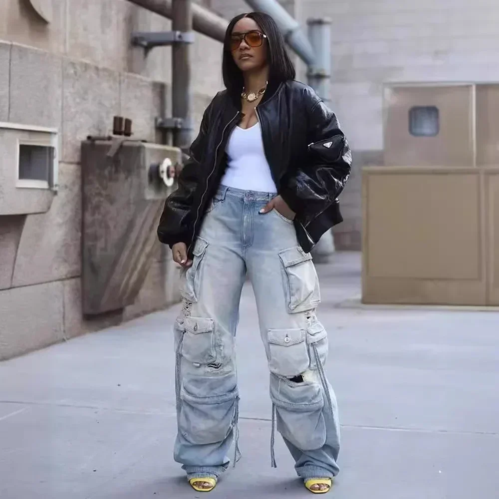 

Washed Cargo Pants Women Hole Distressed Jeans Vintage Pockets Mid Waist Trousers 2024 Autumn Female Casual Denims Streetwear