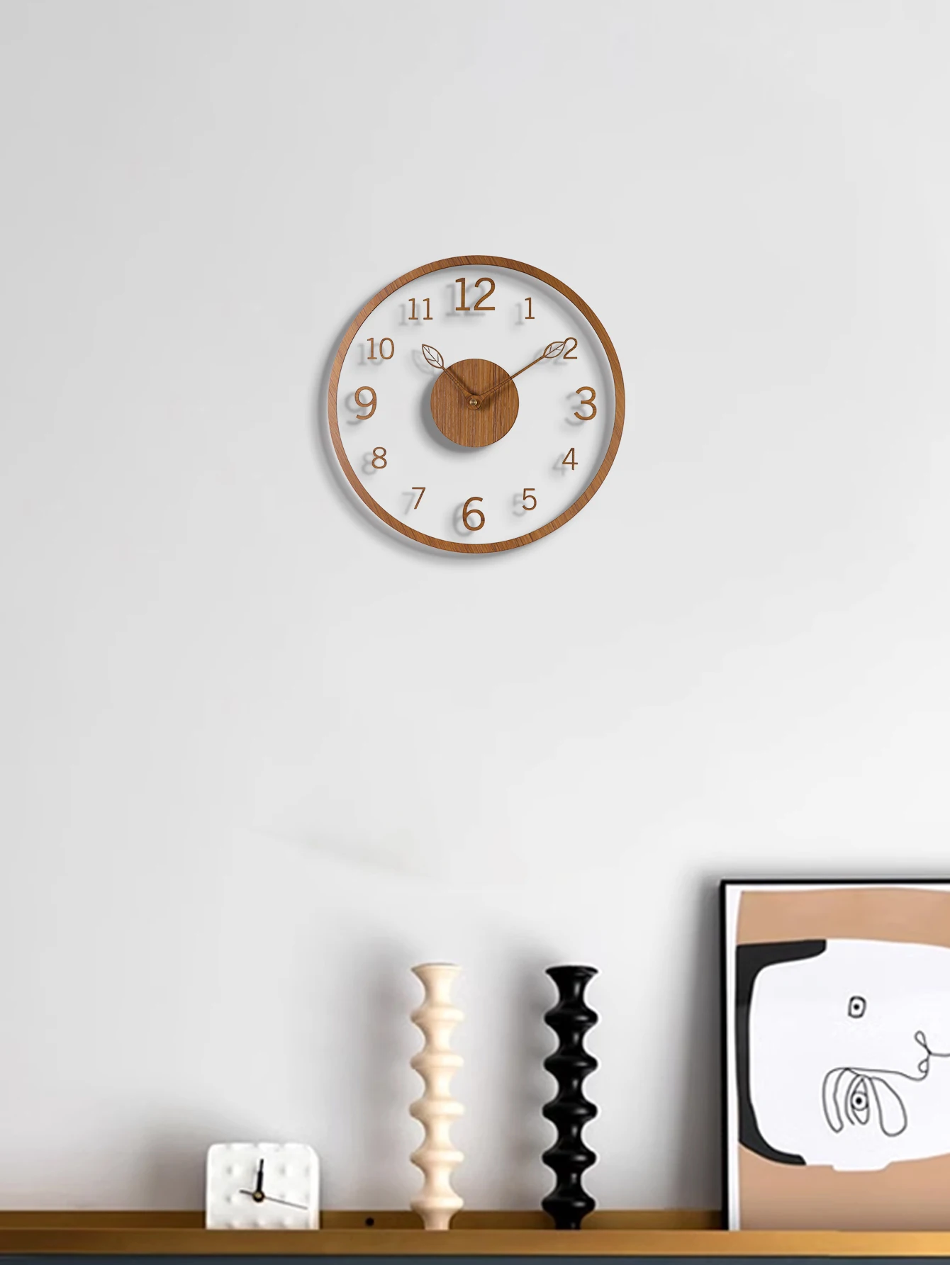 Transparent minimalist wall clock, tree leaf pointer, wood grain wall clock, silent living room, bedroom, office, and holiday de