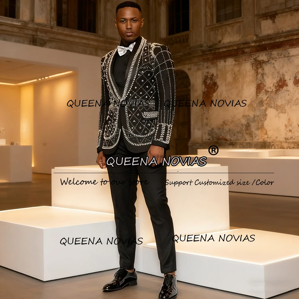 

Luxury Beaded Men Suits Shawl Lapel Groom Wedding Tuxedos 2 Pieces Sets Male Prom Blazers Slim Fit Terno Masculinos Completo