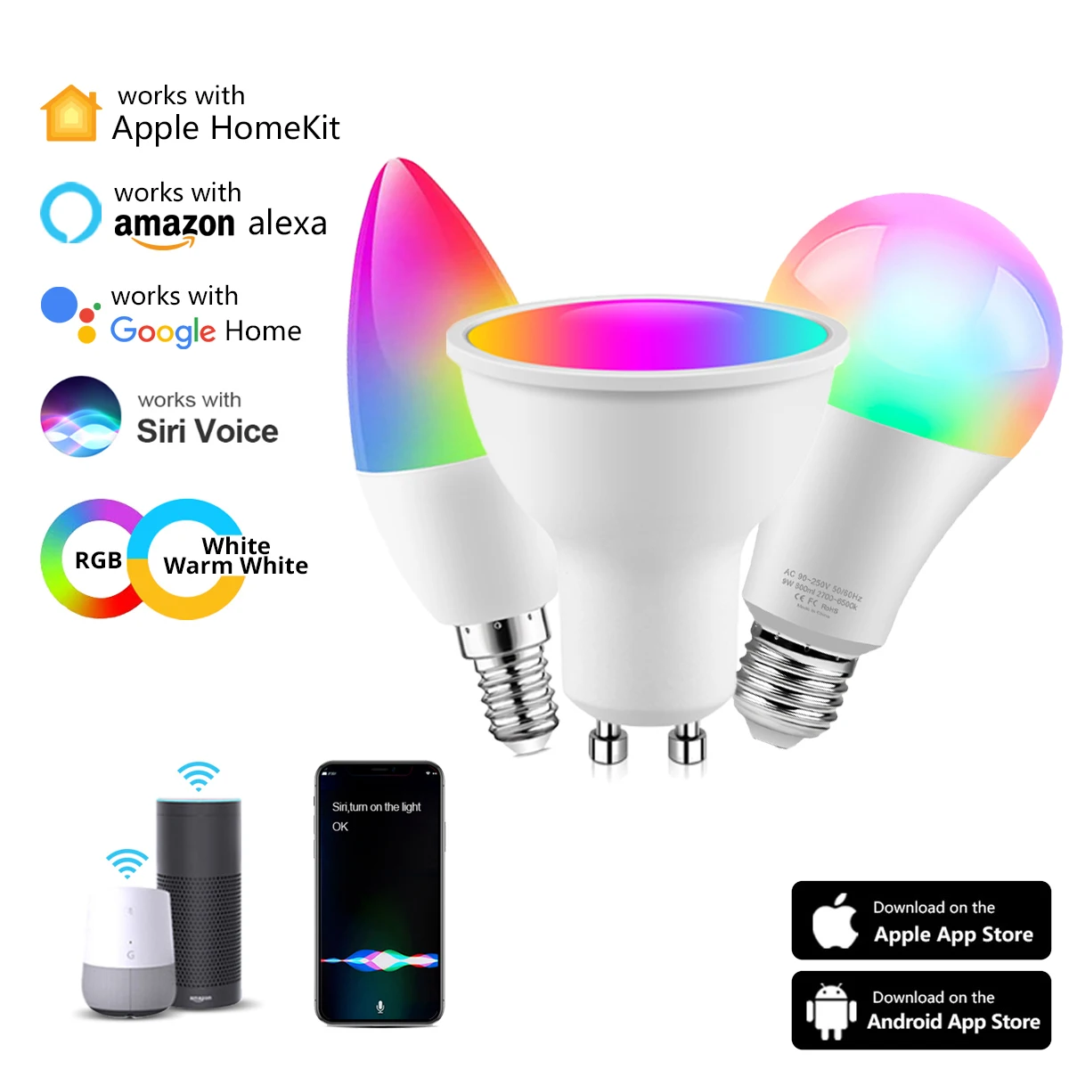 Homekit E27 E14 GU10 Lamps Home APP Voice Control WIFI Smart Bulb RGBCW LED Light Bulbs Dimmable for Alexa Google Home Spotlight