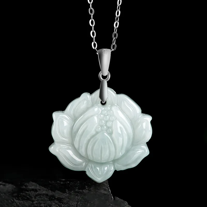 

Luxury Myanmar A Jadeite Lotus Pendant S925 Silver Ice Jade Women's Jewelry Gift