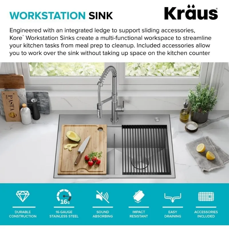 KRAUS Kore 30 นิ้ว Drop In/Top Mount Workstation 16 50/50 ชามคู่อ่างล้างจานสแตนเลสพร้อมอุปกรณ์เสริม