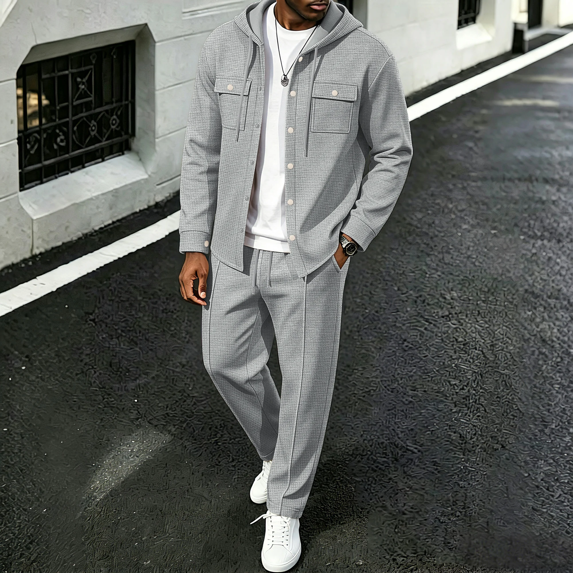 Men's spring-autumn matching set: Waffle knit hooded jacket paired with straight-leg pants, suitable for outdoor travel and casu - view 6