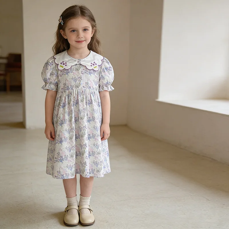 

Girls Summer Doll Collar Embroidery Puff Sleeve Korean Cute Princess Dress Toddler Baby Girls Soft Breathable Daily Outfits