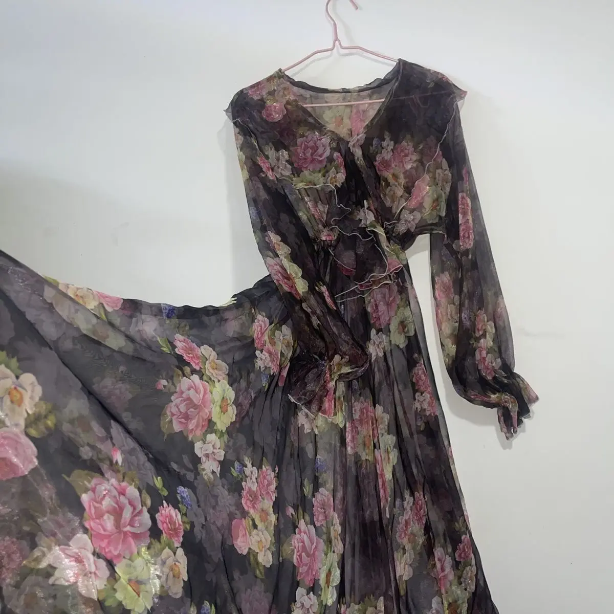 Floral Print See Through Women Mesh Tulle Long Sleeve Dress Loose Maxi Dress Plus Size Sleeping Pajamas Robe