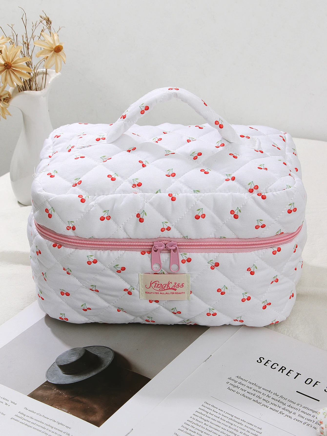 1pc/set White bottom cherry quilted makeup bag,cute aesthetic makeup storage bag, daily toiletries storage makeup bag