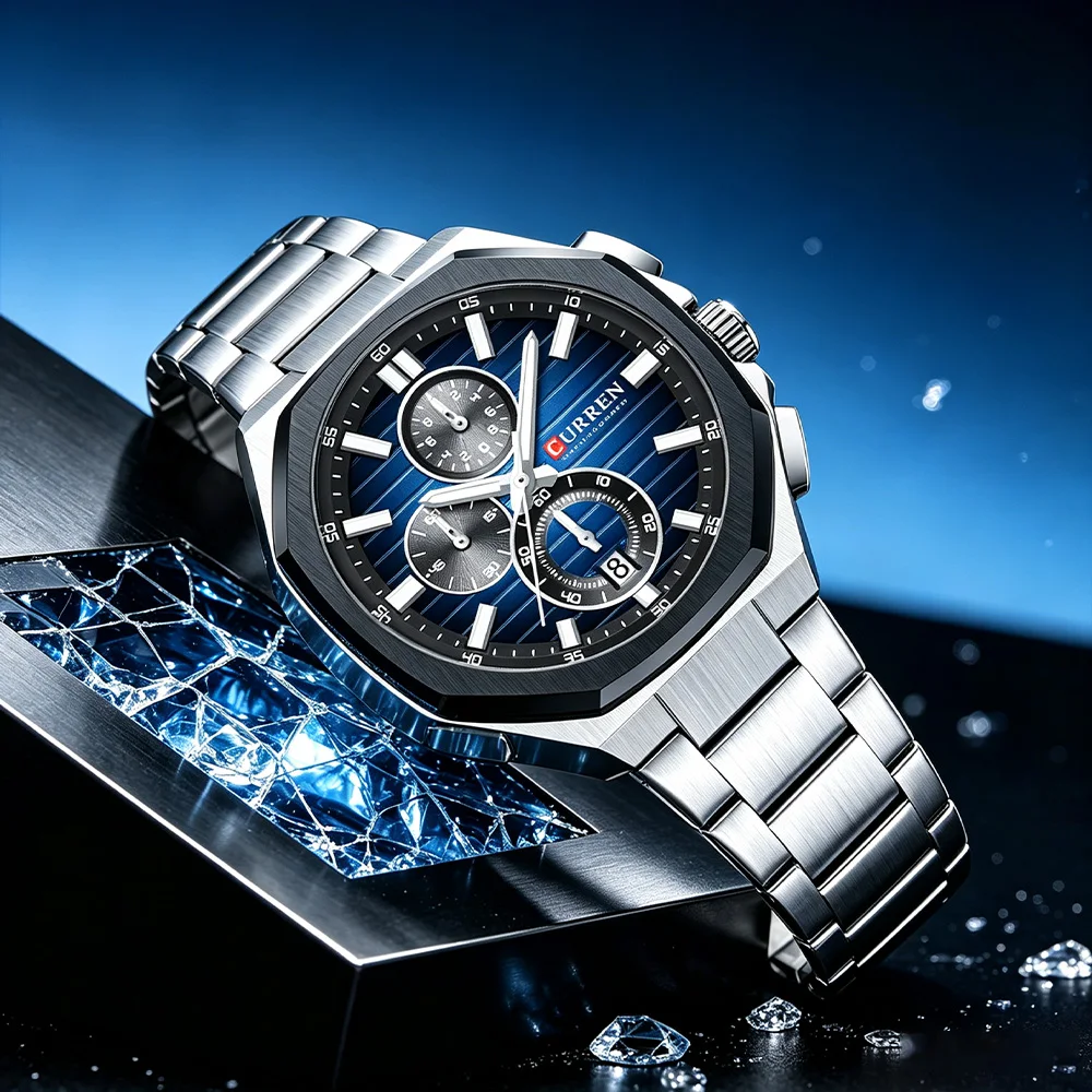 CURREN Luxury Quartz Watch Octagon Case Chronograph Stainless Steel Band Waterproof Luminous Date Sport Business Male Wristwatch