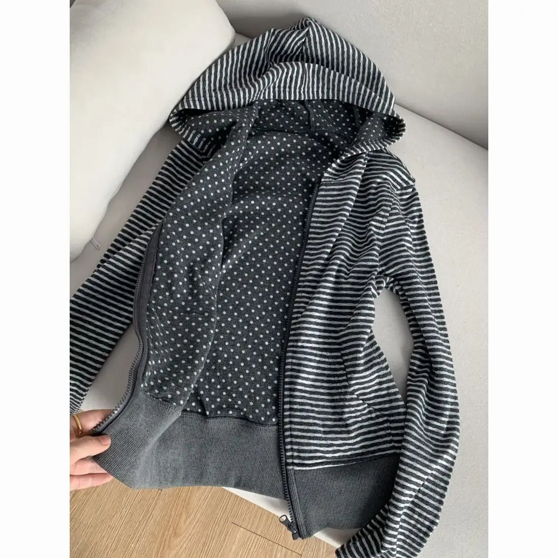 Korean Chic Tweak‑style Women Hooded Zip‑up Sweatshirt Stripe Polka‑dot Print Slim Fit Ins Fashion Cardigan Coat