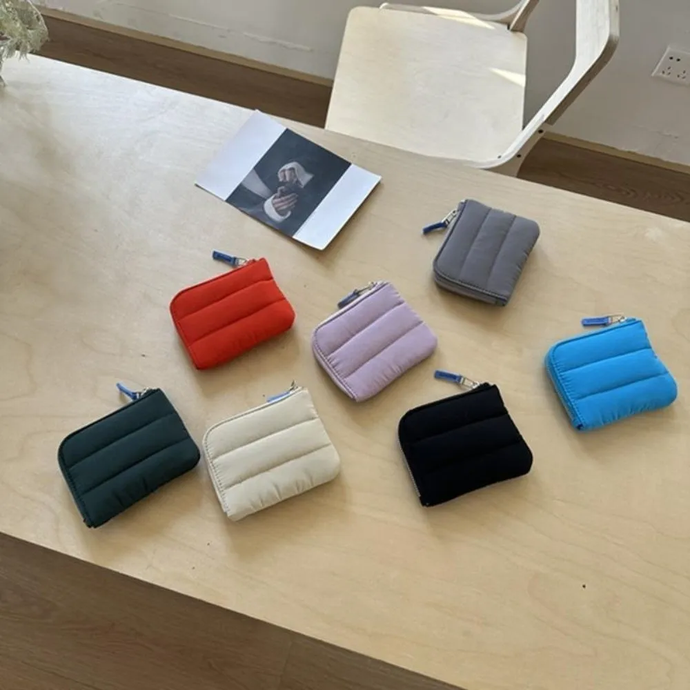 New Solid Color Quilted Coin Purse Ultralight Nylon Padded Wallet Portable Square Mini Card Holder