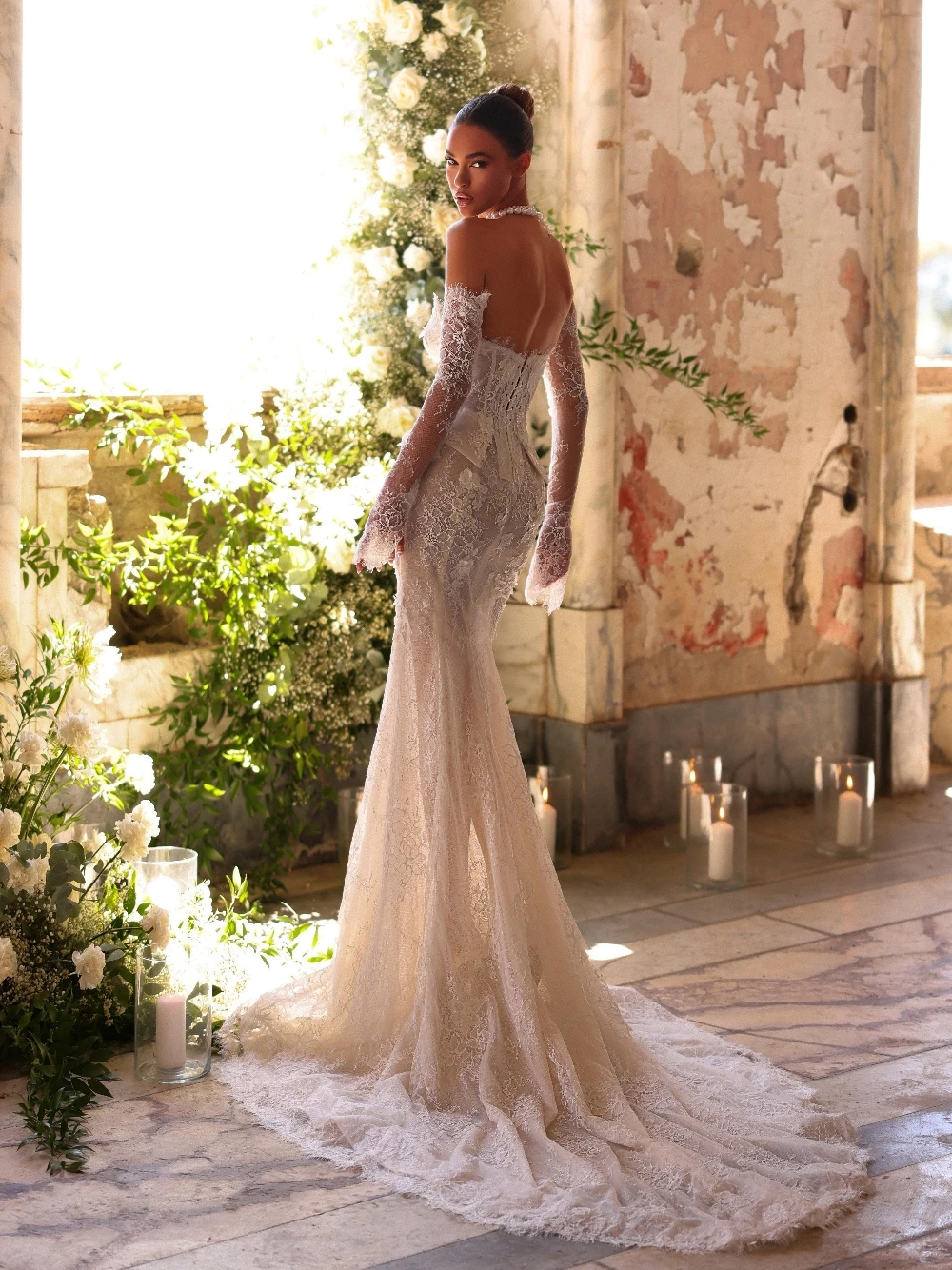 Suknia ślubna w stylu syreny z bajkową koronką 3D, elegancki gorset, odkryte ramiona, dekolt w serek, urocza, romantyczna suknia ślubna szyta na miarę.